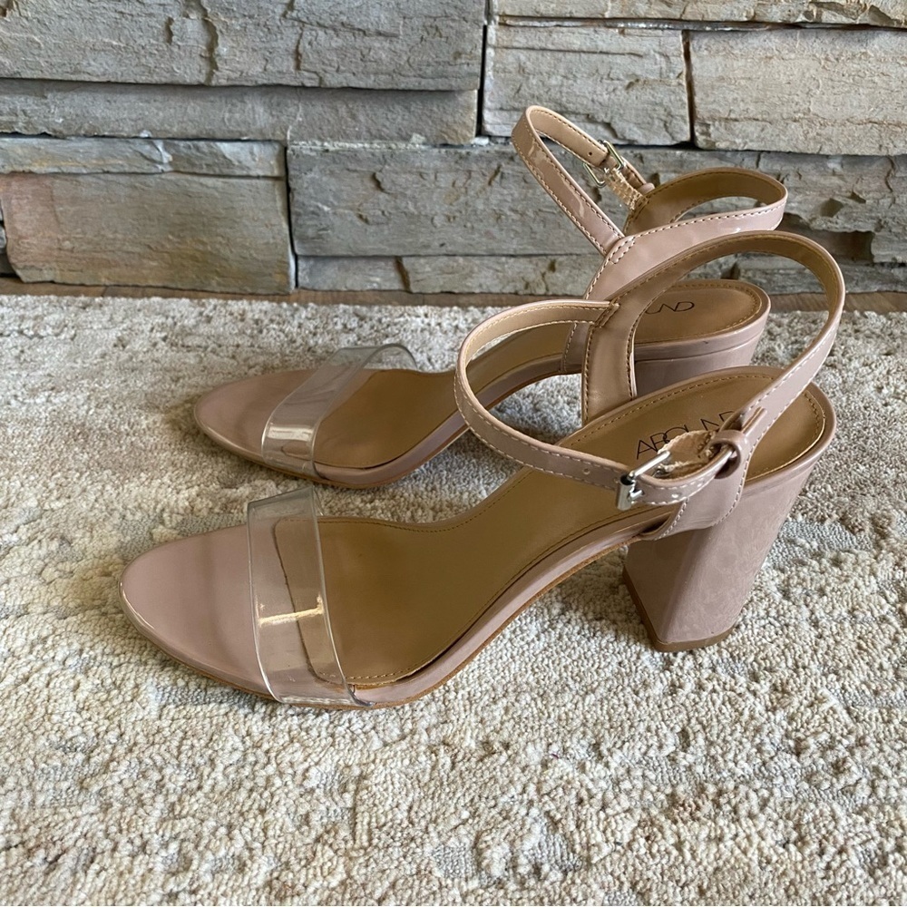 Abound Clear Strap Pumps Heels Open Toe Sandals Nude Pink Patent Faux Leather - Picture 5 of 9